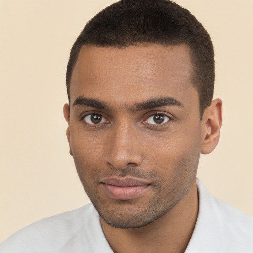 Neutral white young-adult male with short  brown hair and brown eyes