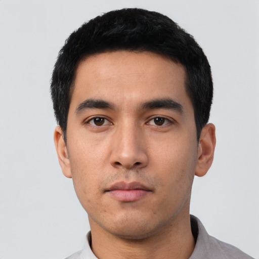 Neutral asian young-adult male with short  black hair and brown eyes