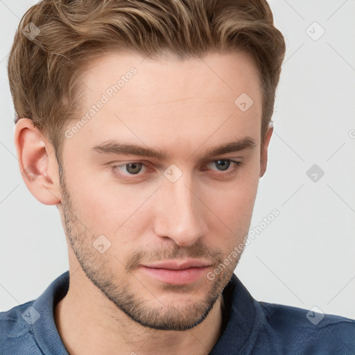 Neutral white young-adult male with short  brown hair and grey eyes