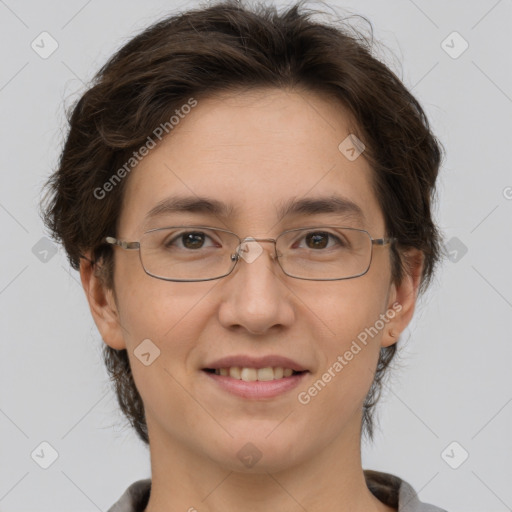 Joyful white adult female with short  brown hair and brown eyes