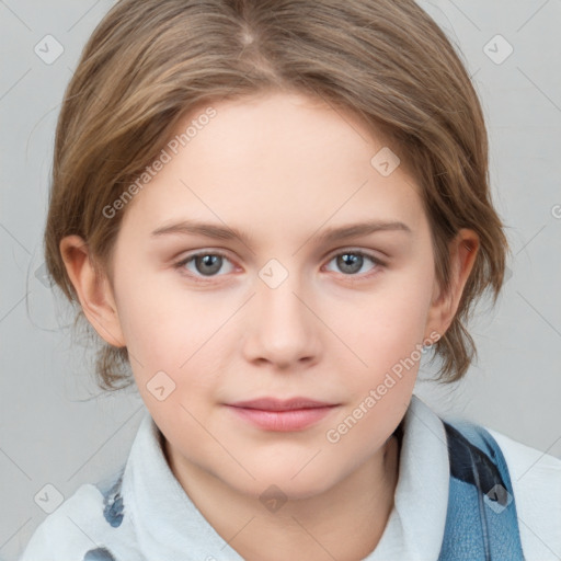 Neutral white young-adult female with medium  brown hair and grey eyes