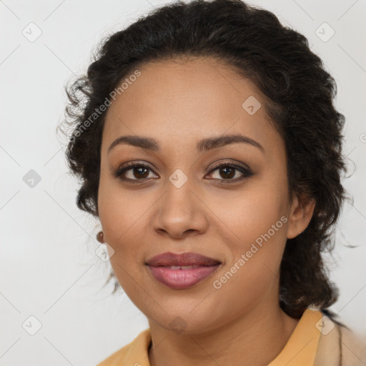 Joyful latino young-adult female with long  brown hair and brown eyes