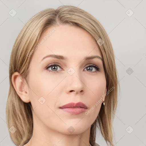 Neutral white young-adult female with medium  brown hair and grey eyes