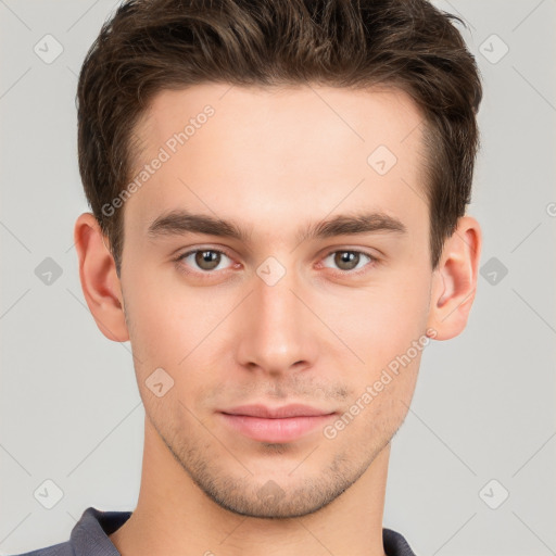 Neutral white young-adult male with short  brown hair and brown eyes