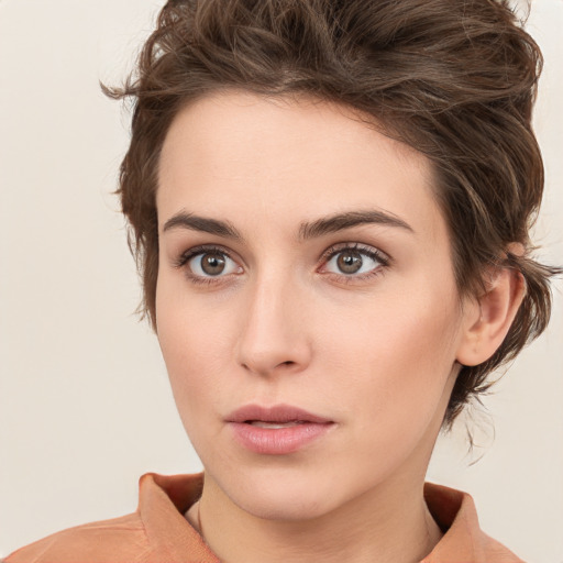 Neutral white young-adult female with medium  brown hair and brown eyes