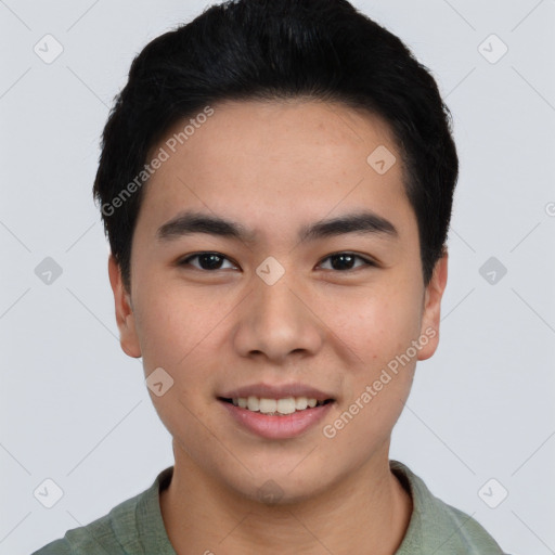 Joyful white young-adult male with short  black hair and brown eyes