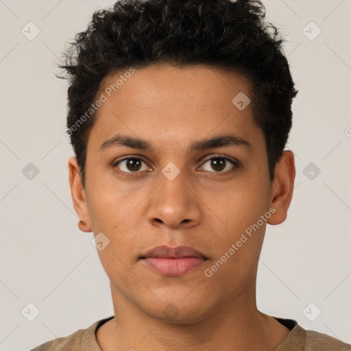 Neutral latino young-adult male with short  brown hair and brown eyes