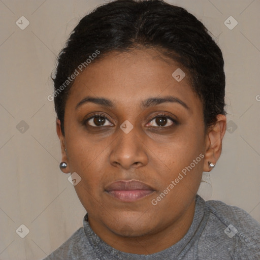 Neutral black young-adult female with short  brown hair and brown eyes