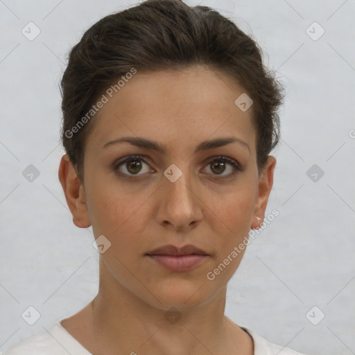 Neutral white young-adult female with short  brown hair and brown eyes