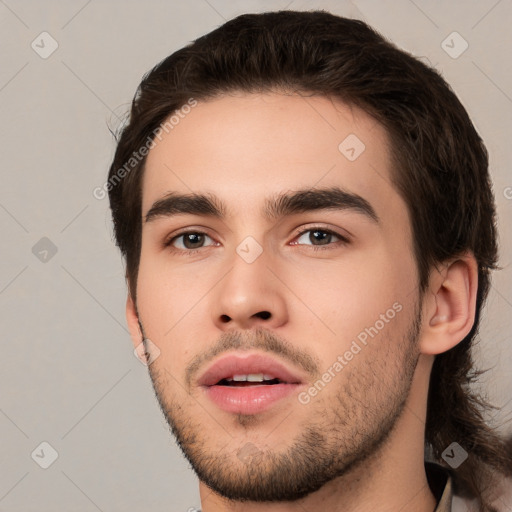 Neutral white young-adult male with short  brown hair and brown eyes