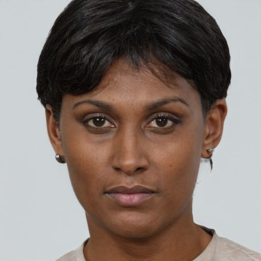 Neutral asian young-adult female with short  black hair and brown eyes