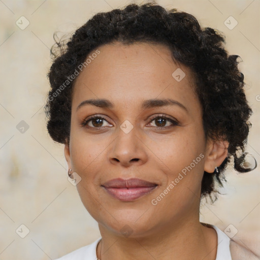 Joyful latino young-adult female with short  brown hair and brown eyes