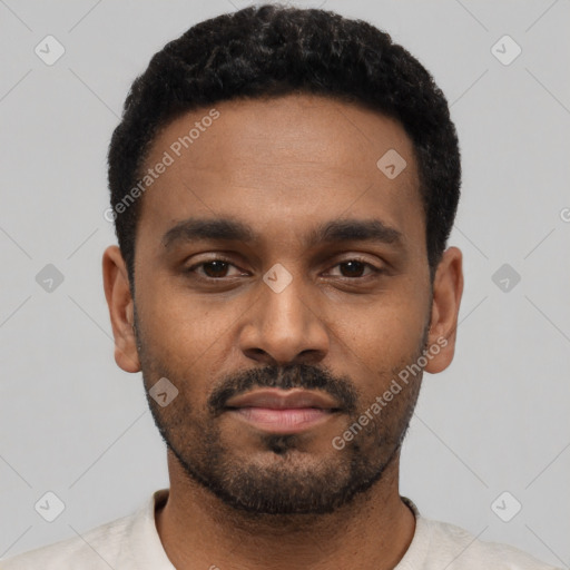 Neutral latino young-adult male with short  black hair and brown eyes