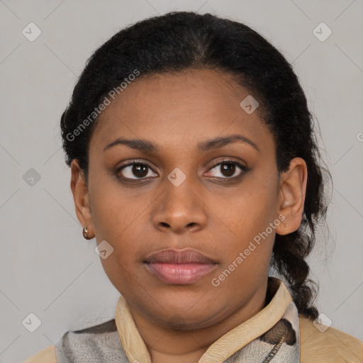 Neutral latino young-adult female with short  brown hair and brown eyes