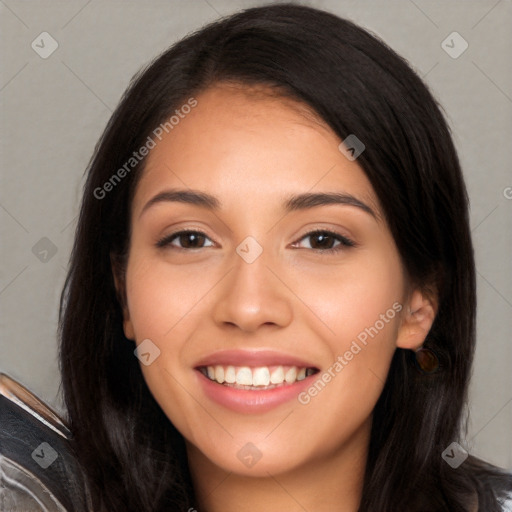 Joyful white young-adult female with long  black hair and brown eyes