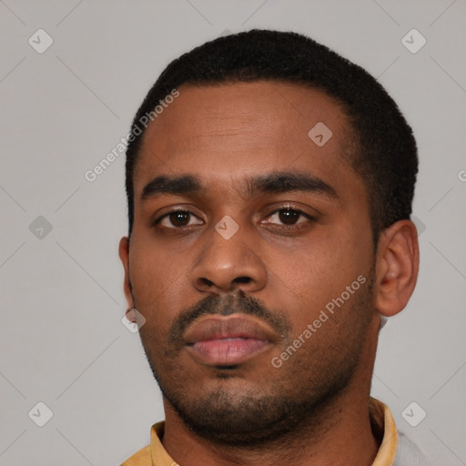 Neutral latino young-adult male with short  black hair and brown eyes