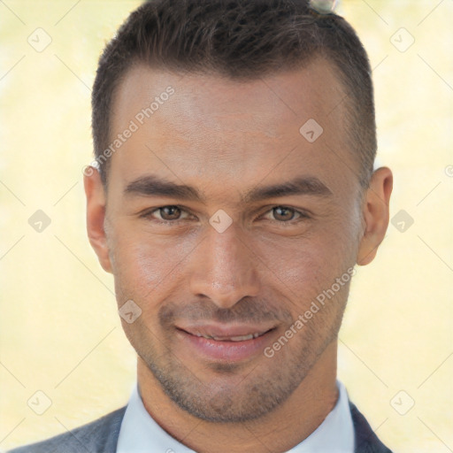 Joyful white young-adult male with short  brown hair and brown eyes