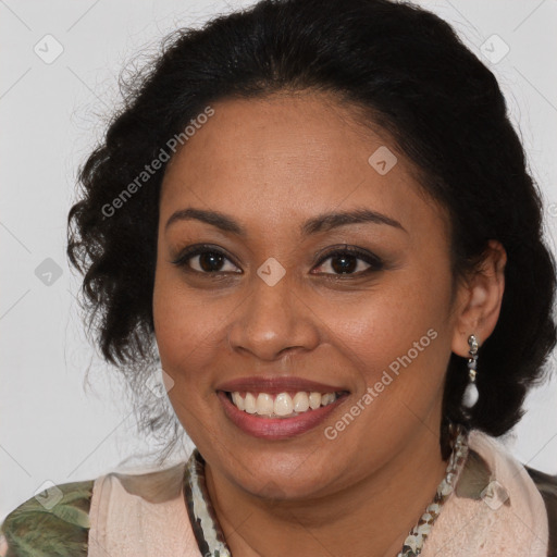 Joyful black young-adult female with medium  brown hair and brown eyes