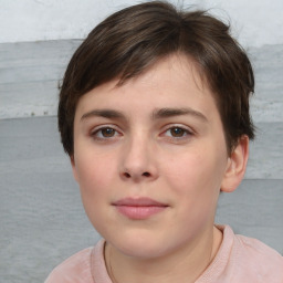 Neutral white young-adult female with short  brown hair and brown eyes