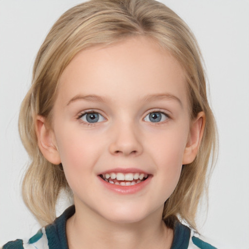 Joyful white child female with medium  brown hair and blue eyes