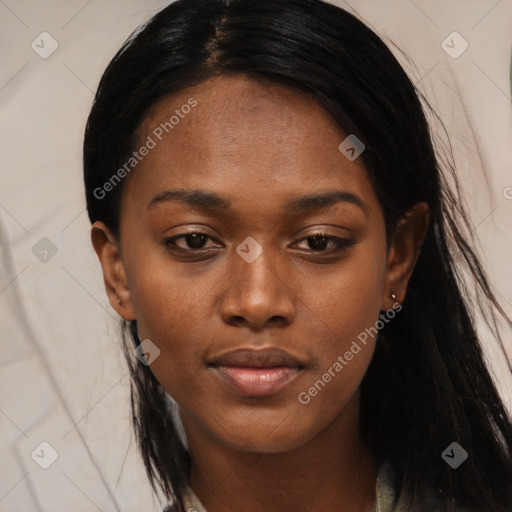 Joyful asian young-adult female with long  black hair and brown eyes