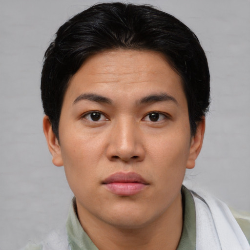 Neutral asian young-adult female with short  brown hair and brown eyes