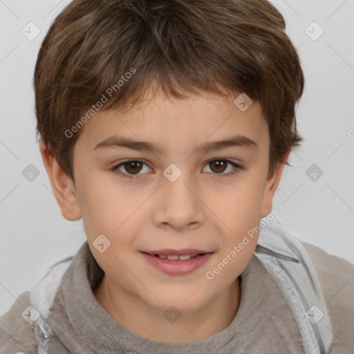 Joyful white child female with short  brown hair and brown eyes