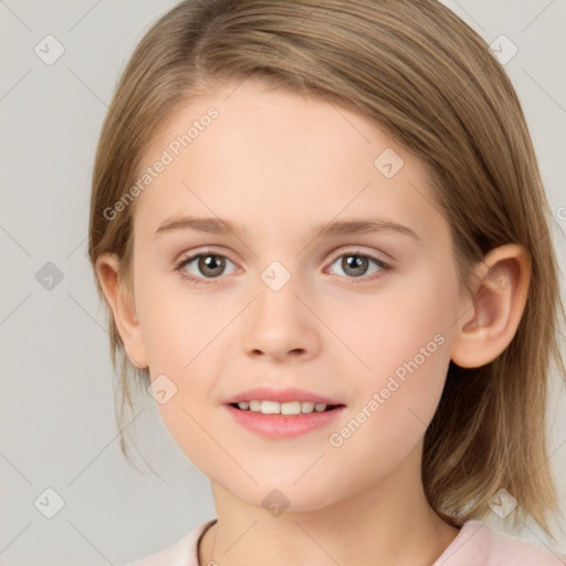 Joyful white child female with medium  brown hair and brown eyes