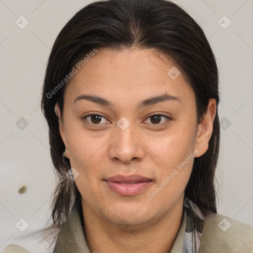 Joyful asian young-adult female with medium  brown hair and brown eyes