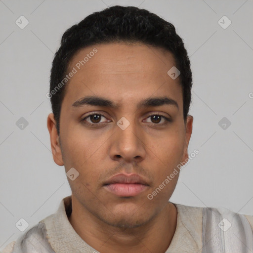 Neutral latino young-adult male with short  black hair and brown eyes