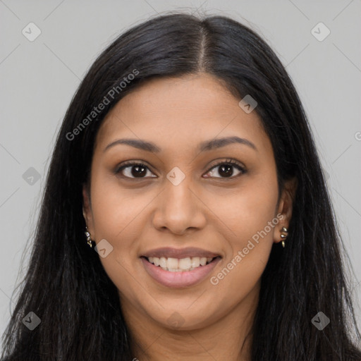 Joyful latino young-adult female with long  brown hair and brown eyes