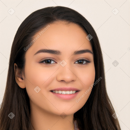 Joyful latino young-adult female with long  brown hair and brown eyes