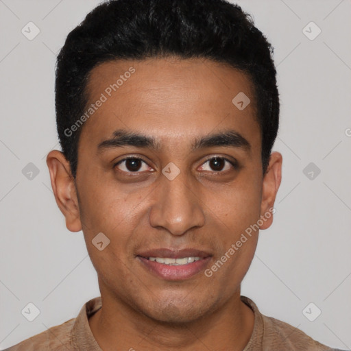 Joyful latino young-adult male with short  black hair and brown eyes