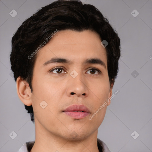 Neutral asian young-adult male with short  brown hair and brown eyes