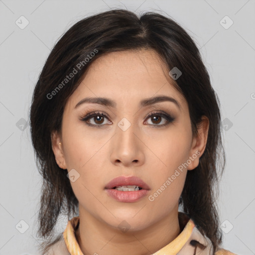 Neutral asian young-adult female with medium  brown hair and brown eyes