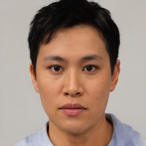 Neutral asian young-adult male with short  black hair and brown eyes