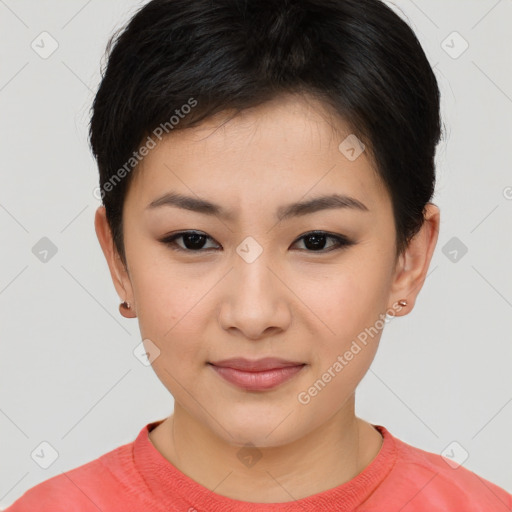 Joyful asian young-adult female with short  brown hair and brown eyes