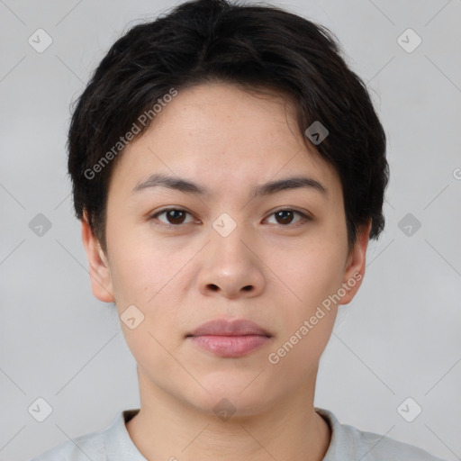 Neutral asian young-adult female with short  brown hair and brown eyes