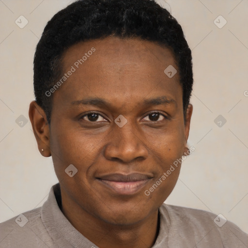 Joyful black young-adult male with short  brown hair and brown eyes