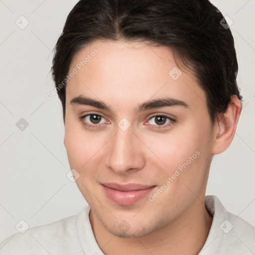 Joyful white young-adult female with short  brown hair and brown eyes