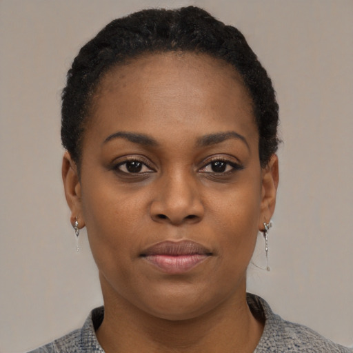 Neutral black young-adult female with short  black hair and brown eyes