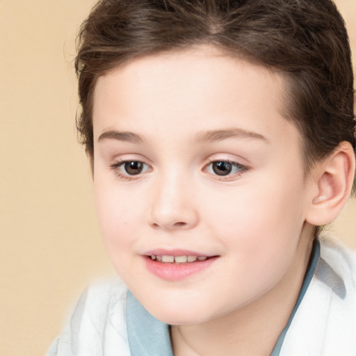 Joyful white child female with medium  brown hair and brown eyes