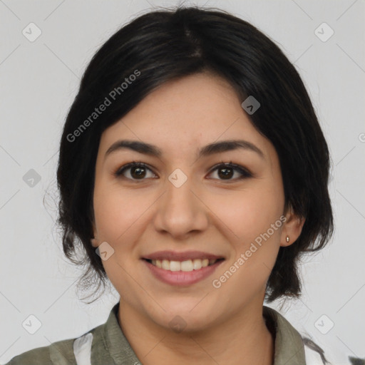 Joyful latino young-adult female with medium  black hair and brown eyes