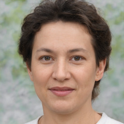 Joyful white adult female with medium  brown hair and brown eyes