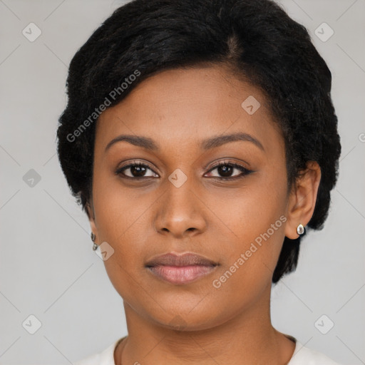 Neutral black young-adult female with short  black hair and brown eyes