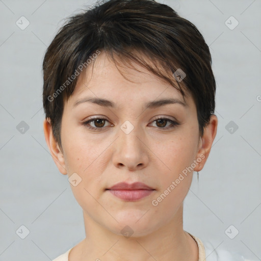 Neutral white young-adult female with short  brown hair and brown eyes