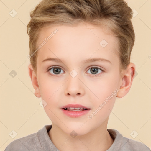 Joyful white child female with short  brown hair and brown eyes