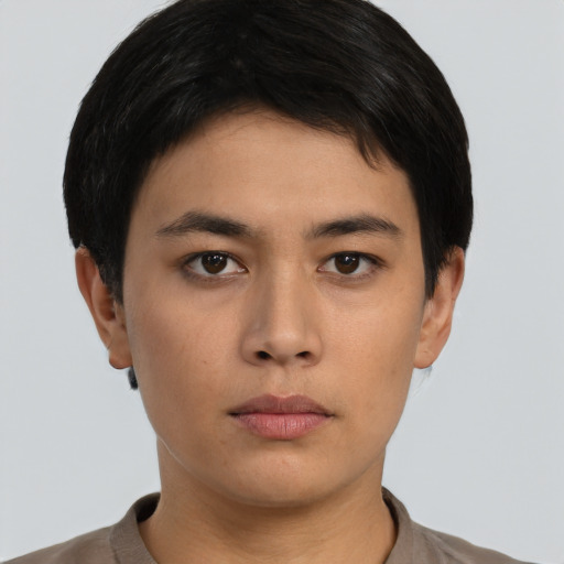 Neutral asian young-adult male with short  black hair and brown eyes