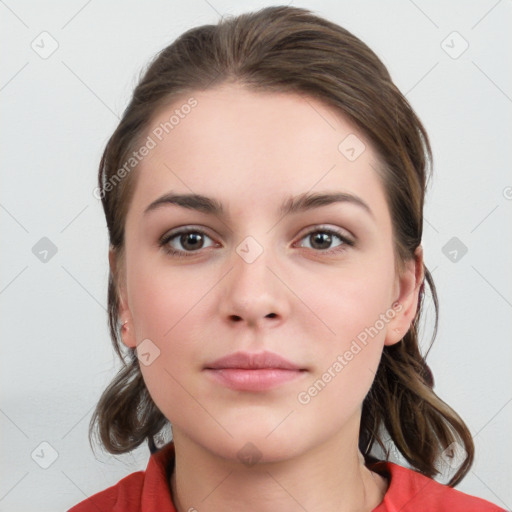 Neutral white young-adult female with medium  brown hair and grey eyes