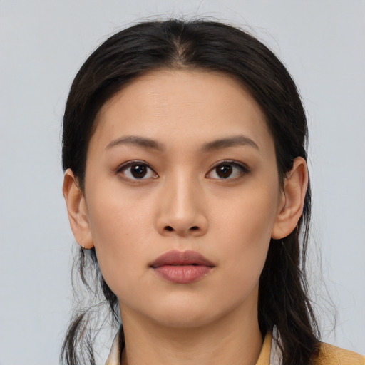 Neutral asian young-adult female with long  black hair and brown eyes